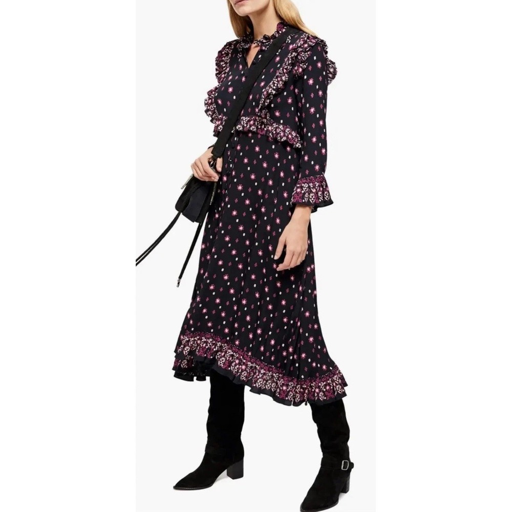 Free‎ People Women Midi Dress Black Floral Calico Skies Cottagecore Boho Sz S